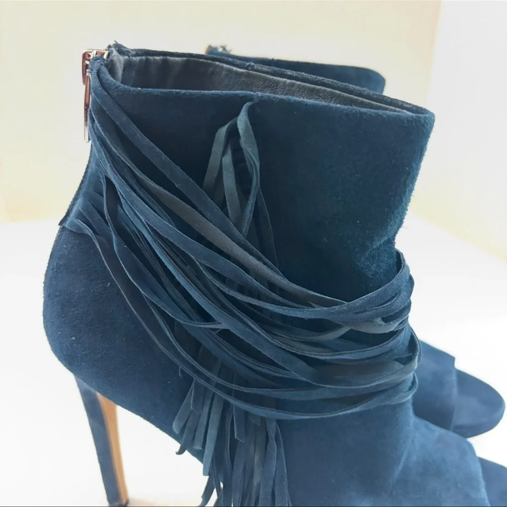 Vince Camuto‎ Navy Suede Leather Fringe Stiletto Heel Open Toe Booties (8)